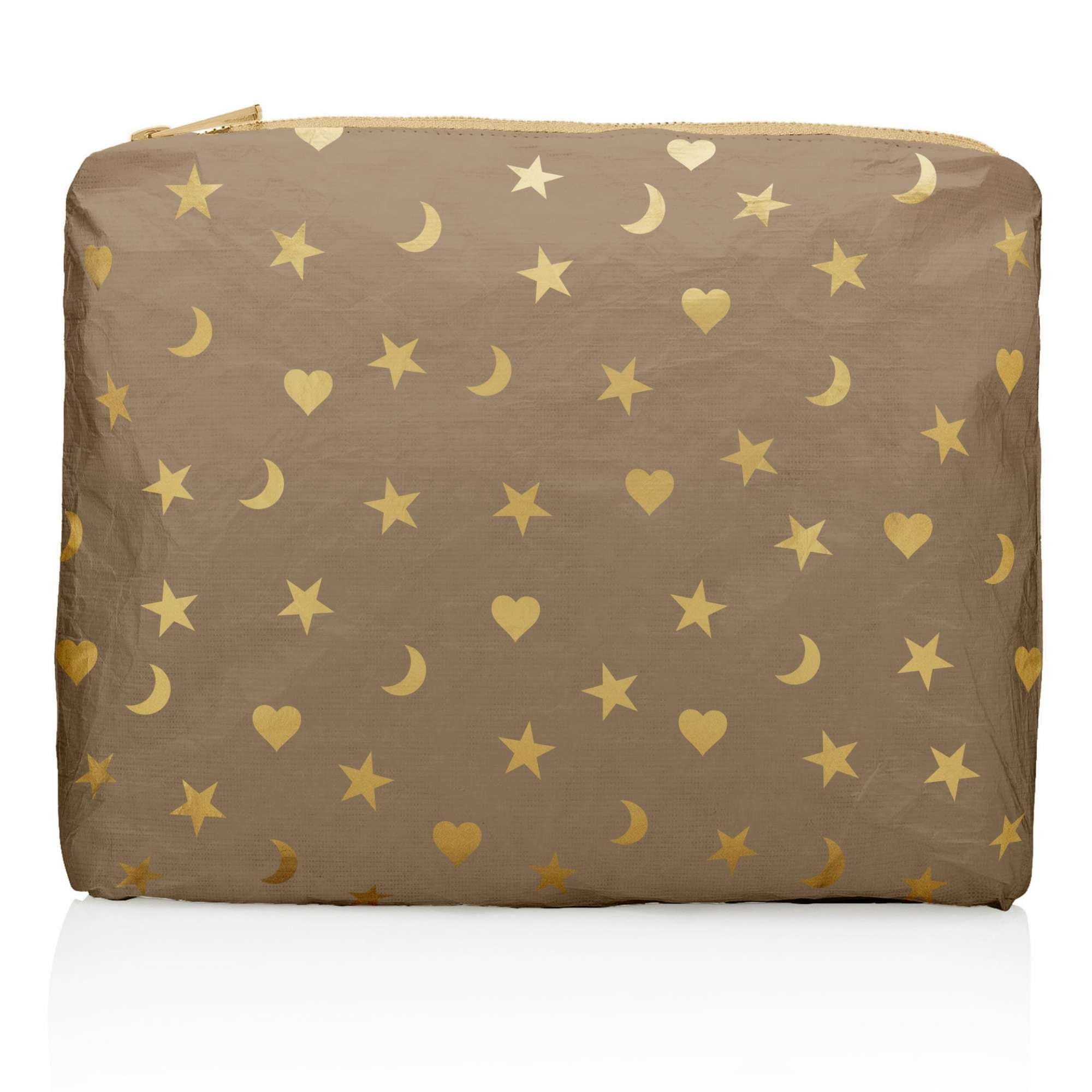 Medium Zipper Pouch in shimmer bronze with metallic gold heart, moon, and star print on a white background
