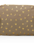 Medium Zipper Pouch in shimmer bronze with metallic gold heart, moon, and star print on a white background