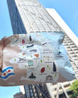 A hand holds a Chicago printed pouch with illustrated landmarks and labels, including Chicago Museum Art Institute, Field Museum, and others, against a real outdoor city background with tall buildings and blue sky.