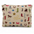 A beige zippered pouch featuring a colorful western-themed print with cowboy boots, horseshoes, cacti, horses, and stars.