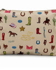 A beige zippered pouch featuring a colorful western-themed print with cowboy boots, horseshoes, cacti, horses, and stars.