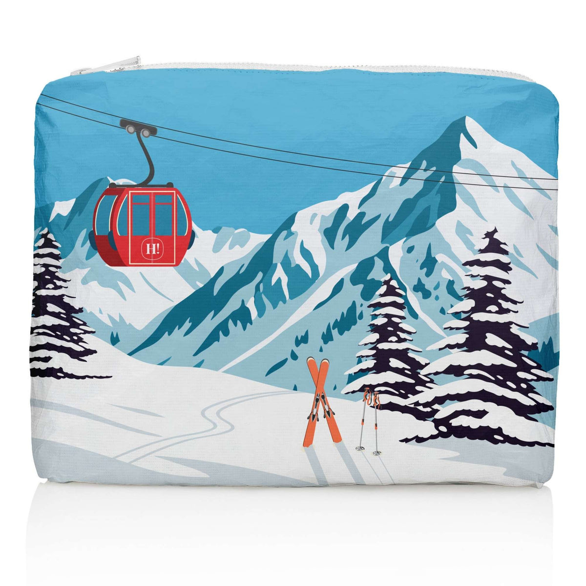 Medium Zipper Pouch Red Gondola with winter mountain print, red gondola, snowy trees, and skis on white background.