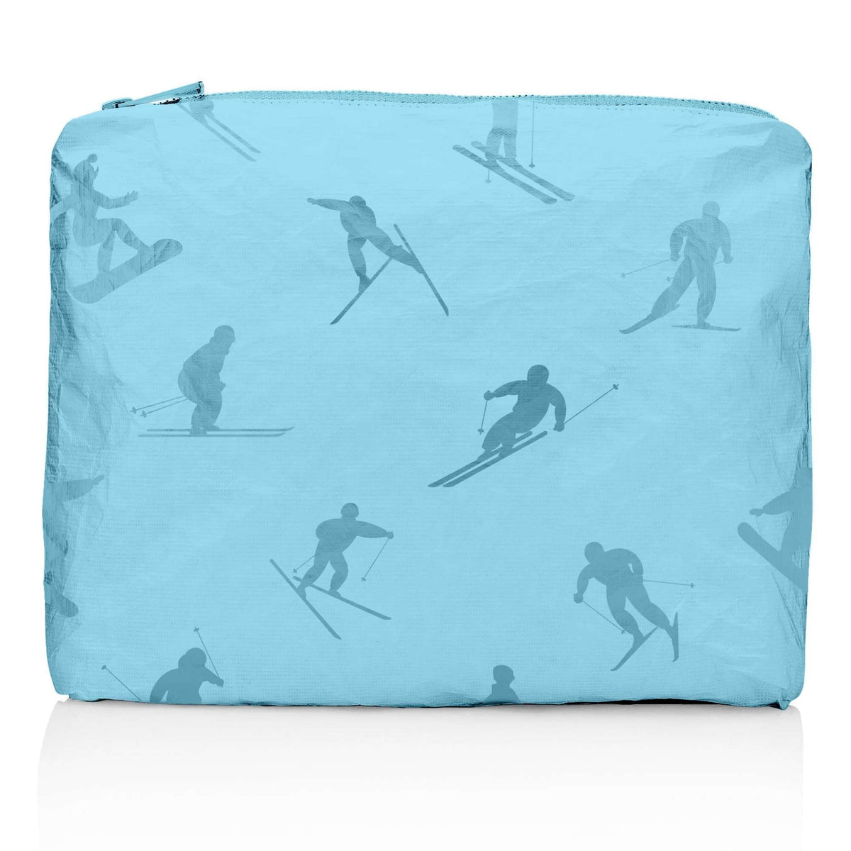 Medium shimmer blue zipper pouch with blue skier print on white background