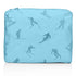 Medium shimmer blue zipper pouch with blue skier print on white background