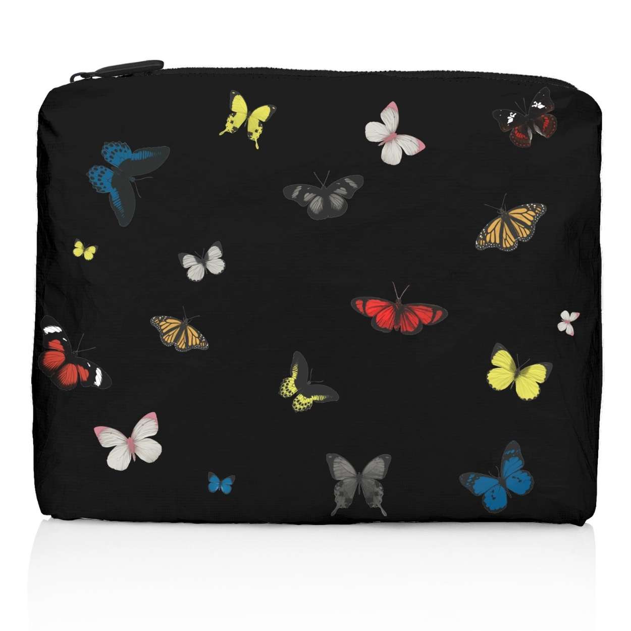 Black pouch with colorful butterfly pattern on a white background