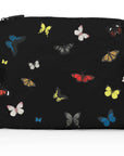 Black pouch with colorful butterfly pattern on a white background