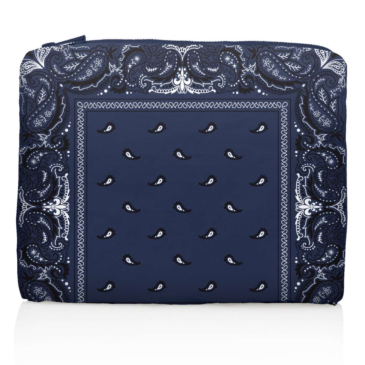 Medium zipper pouch in navy bandana print on white background