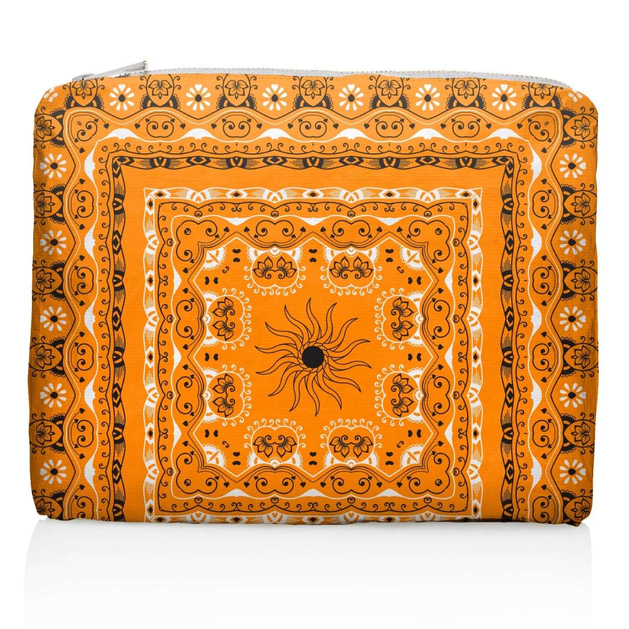 Medium zipper pouch in orange bandana print on white background