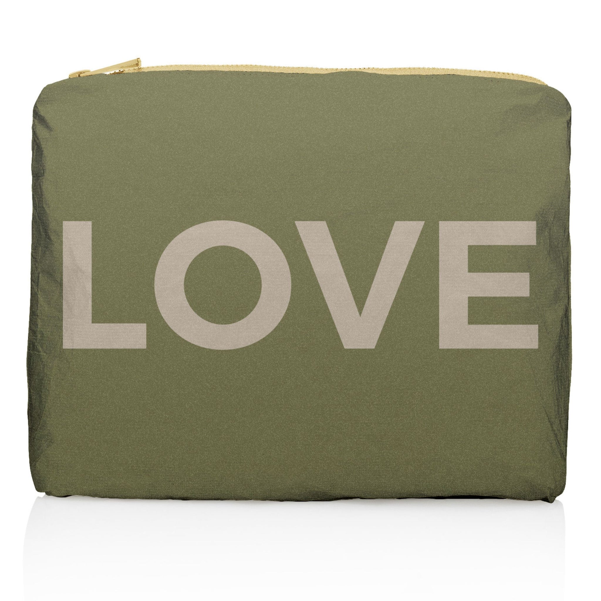 Medium Zipper Pack in Shimmer Army Green with Golden "LOVE"