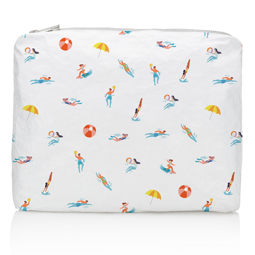 White zipper pouch with divers, surfers, swimmers, beach balls