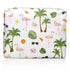 Pouch with tropical pattern featuring flamingos, palm trees, and oranges on a white background