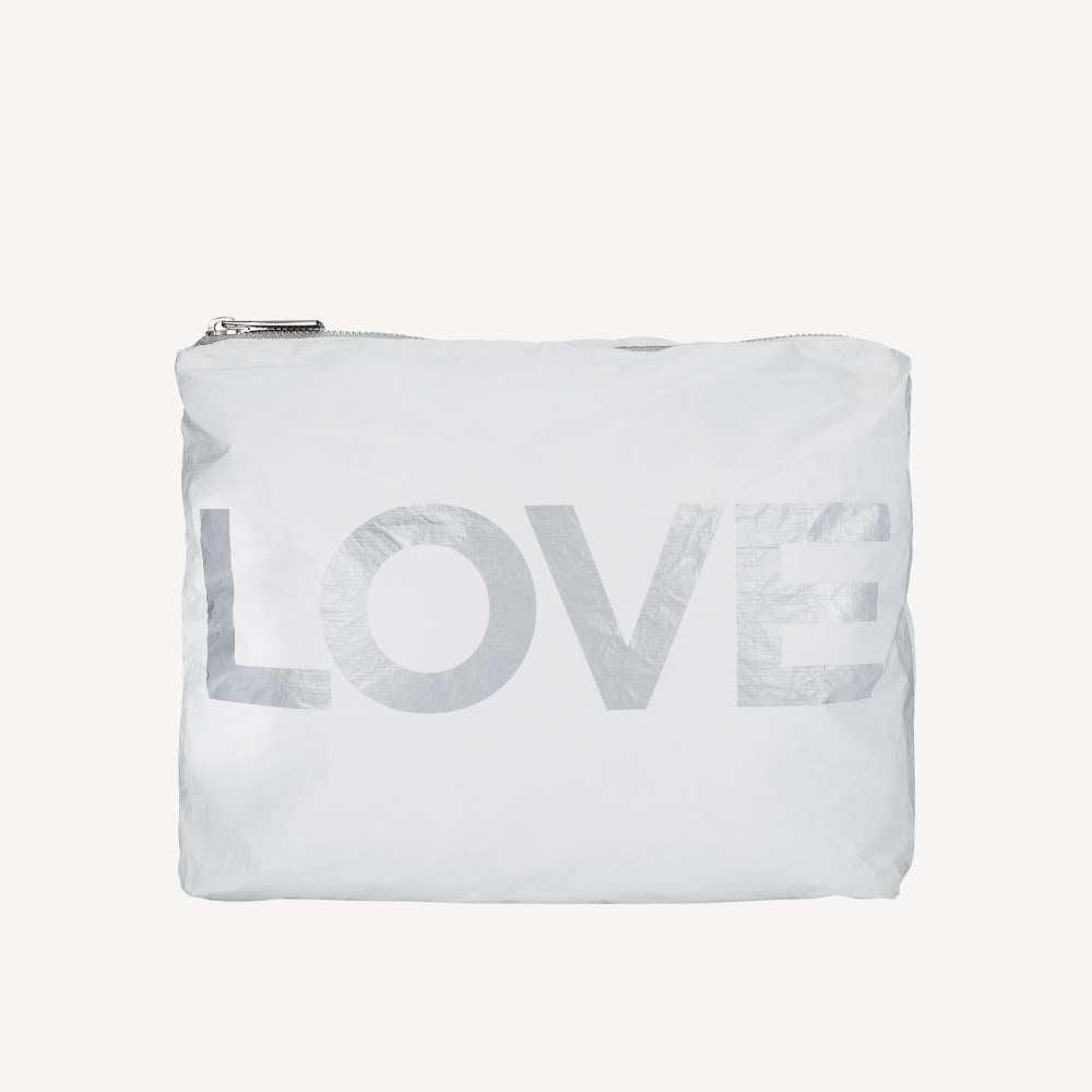 White pouch with 'LOVE' printed on it against a white background