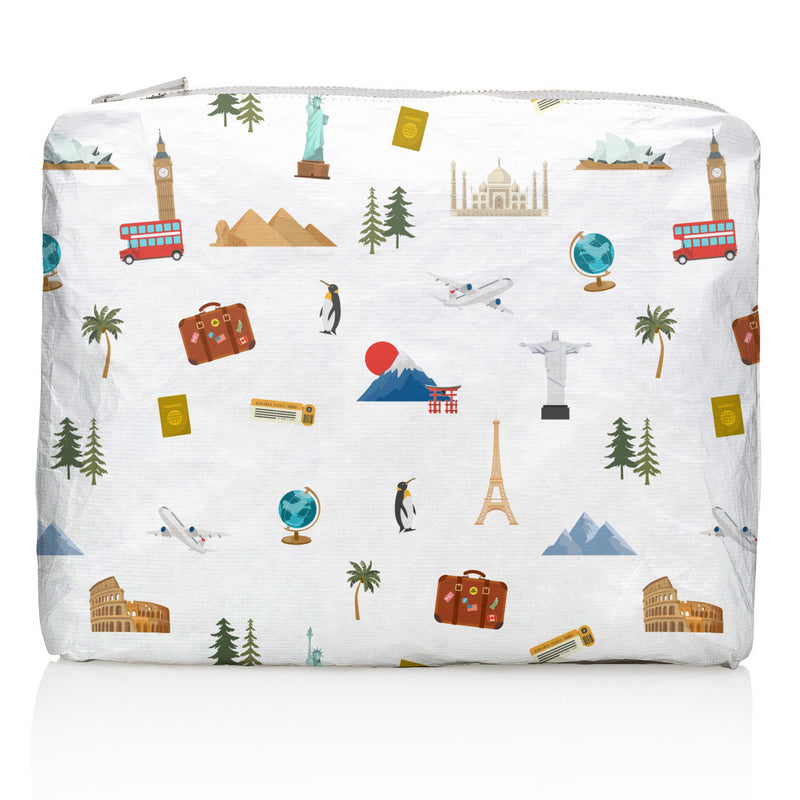 White Medium Zipper Pouch with World Landmarks Pattern