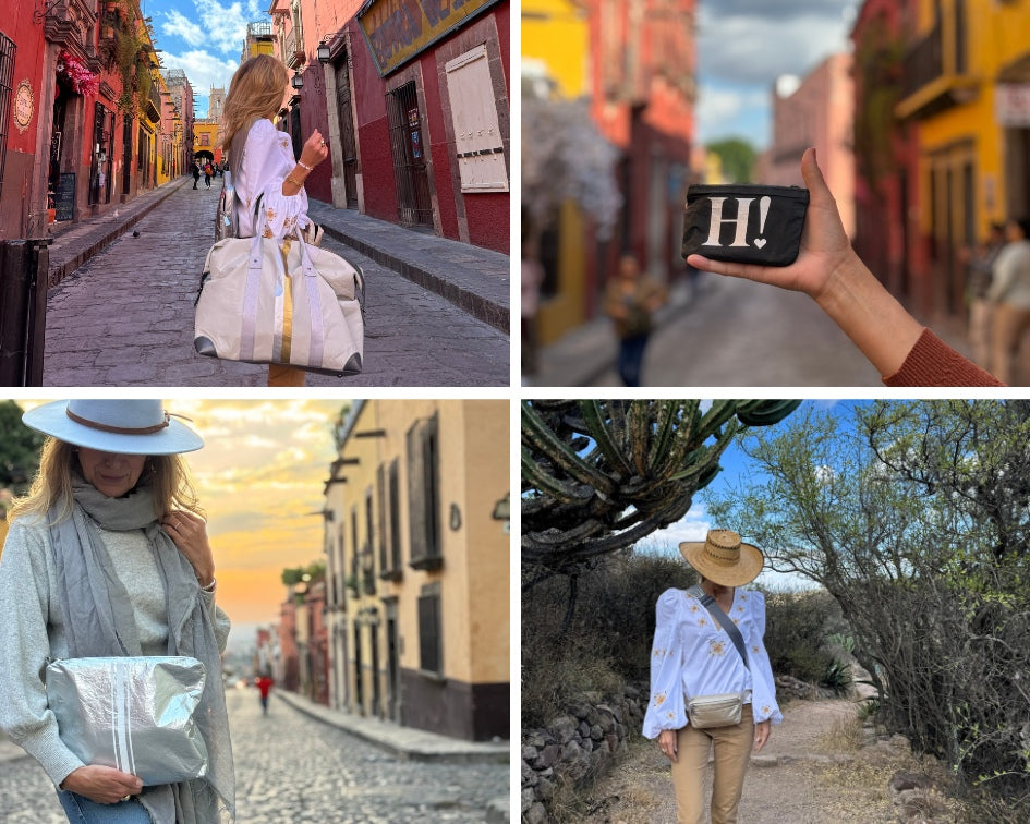 Hi love travel duffle bag, card pouch, medium pouch, and puffer fanny pack around Mexico