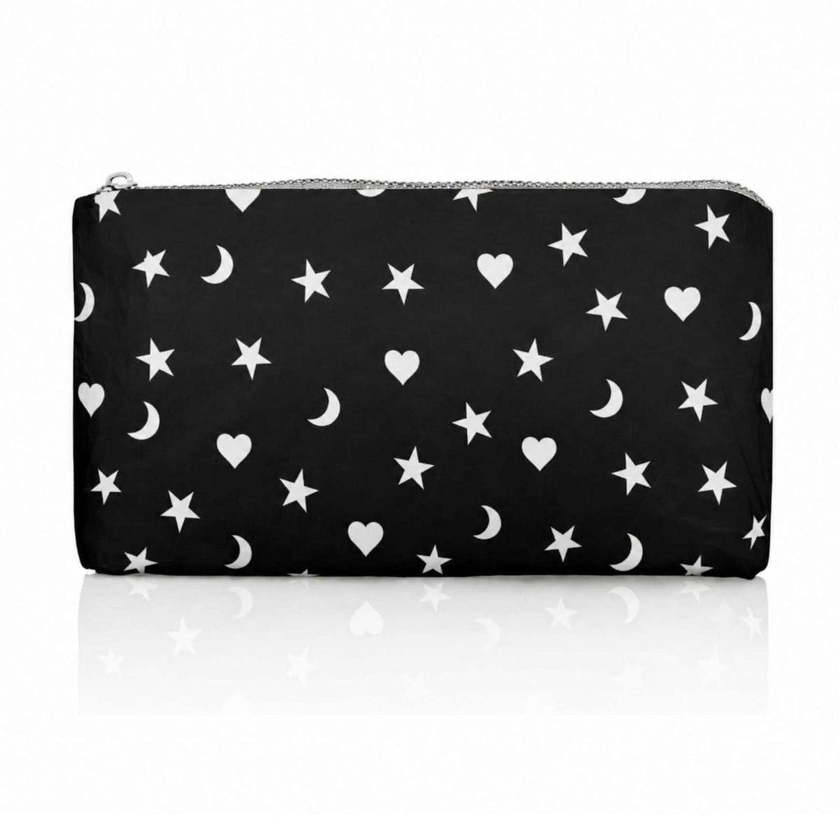 A black zippered pouch with a white celestial pattern of stars, hearts, and crescent moons, shown on a clean white background 