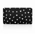 A black zippered pouch with a white celestial pattern of stars, hearts, and crescent moons, shown on a clean white background 
