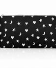A black zippered pouch with a white celestial pattern of stars, hearts, and crescent moons, shown on a clean white background 