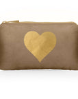 Mini Zipper Pouch in shimmer bronze with metallic gold heart on a white background