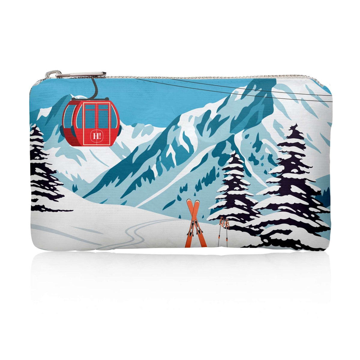 A mini zippered pouch featuring a retro-style ski mountain illustration with a red gondola, snowy peaks, evergreen trees, and skis, shown on a white background.