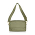 Mini puffer purse in shimmer olive green with gold zipper and green purse strap