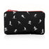 A black and white zippered mini pouch featuring a pattern of skiers and snowboarders, with a red zipper pull and red zipper trim, shown on a white background.
