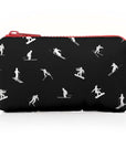 A black and white zippered mini pouch featuring a pattern of skiers and snowboarders, with a red zipper pull and red zipper trim, shown on a white background.
