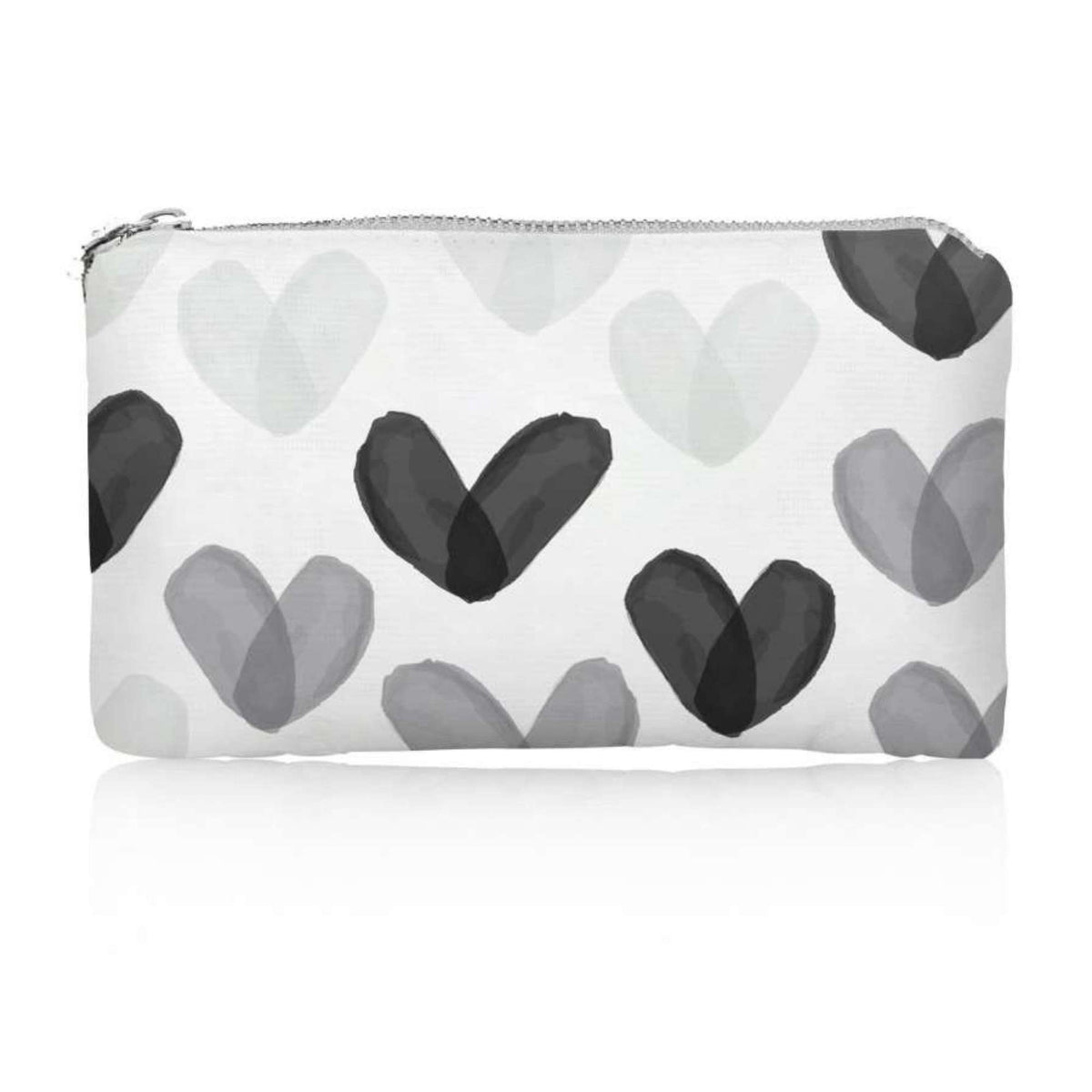 A small zippered pouch with a white background and a pattern of overlapping hand-painted hearts in various shades of gray and black.