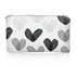 A small zippered pouch with a white background and a pattern of overlapping hand-painted hearts in various shades of gray and black.