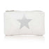 A shimmer white travel pouch with a silver star detail on the front and a zipper closure on white background