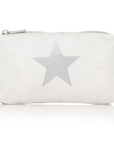 A shimmer white travel pouch with a silver star detail on the front and a zipper closure on white background