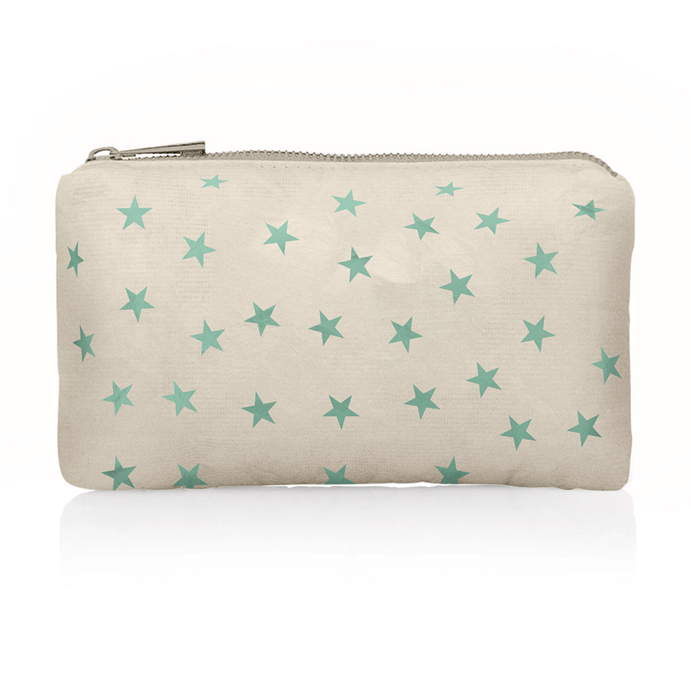 Golden beige mini zipper pouch with sea green stars