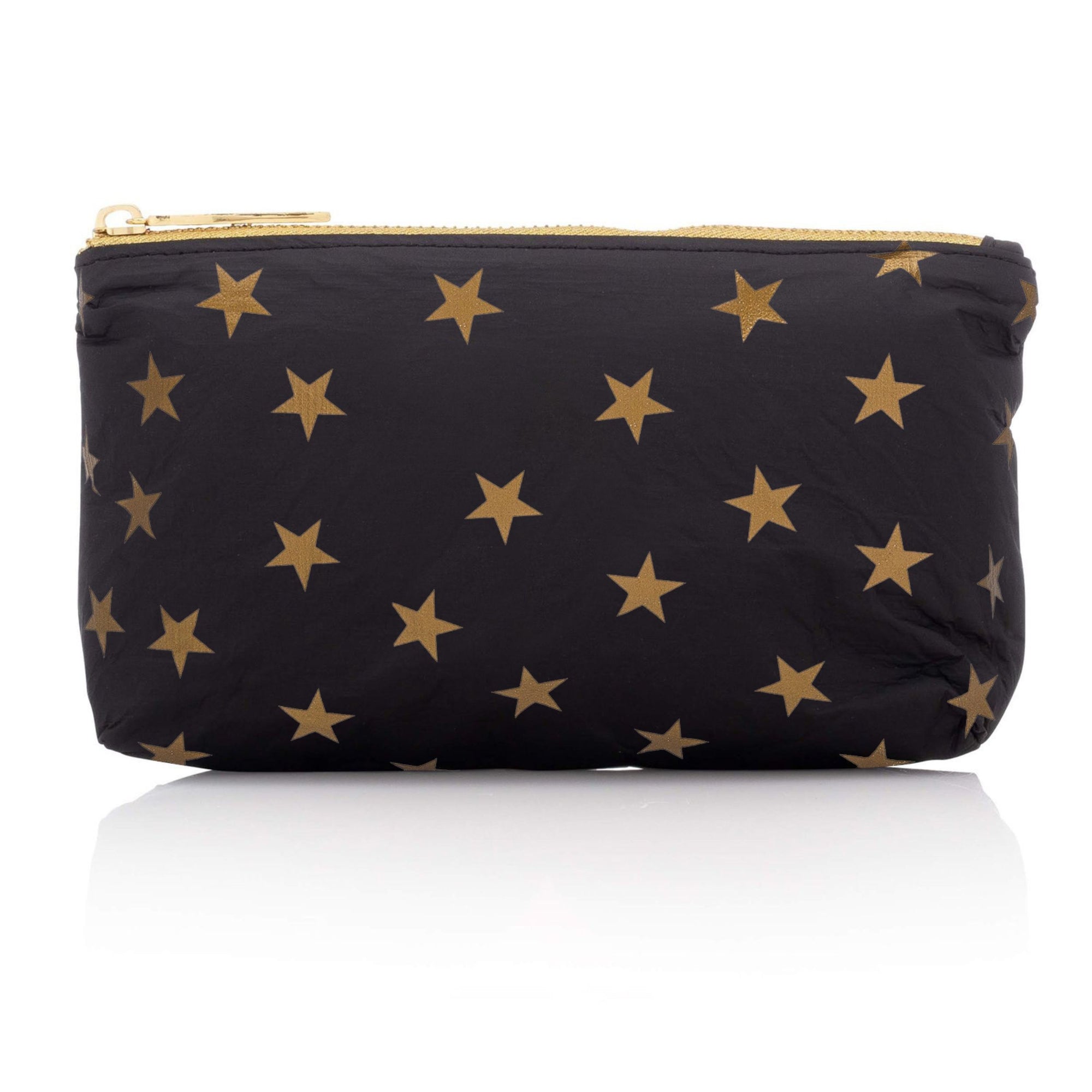 Black mini zipper pouch with myriad of gold stars on white background