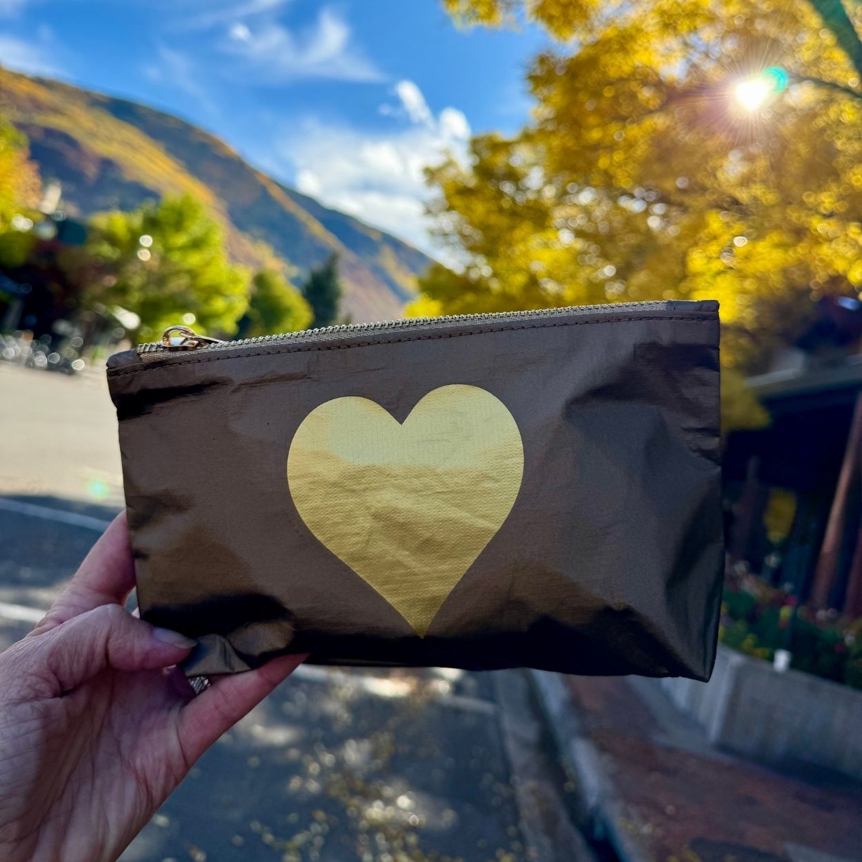 A hand holds a metallic bronze zip pouch with a large gold heart on the front, set against a blurred outdoor background of autumn trees and a mountain.