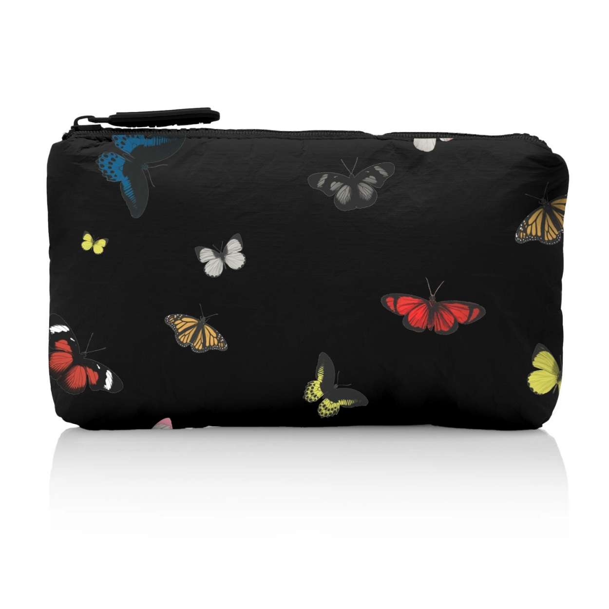 Black pouch with colorful butterfly pattern on a white background