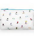 White mini zipper pouch with dancing skiers and goggles pattern