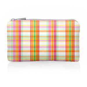 Mini zipper pouch with pink, yellow, orange, and green plaid design