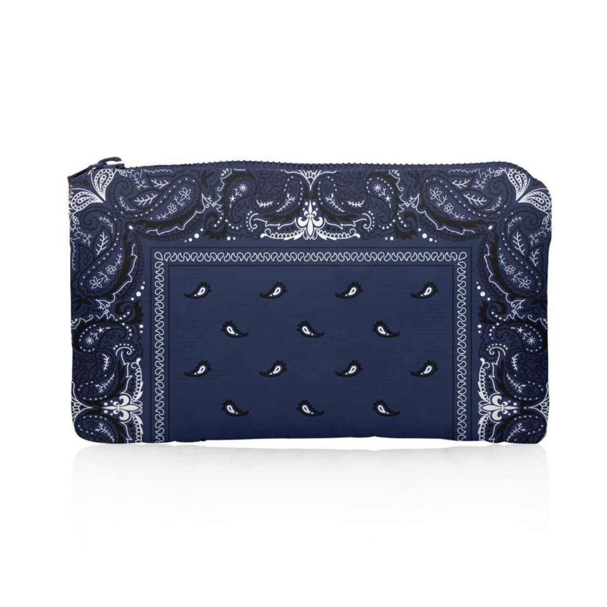 Mini zipper pouch in navy bandana print on a white background