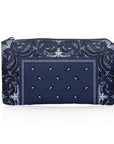 Mini zipper pouch in navy bandana print on a white background
