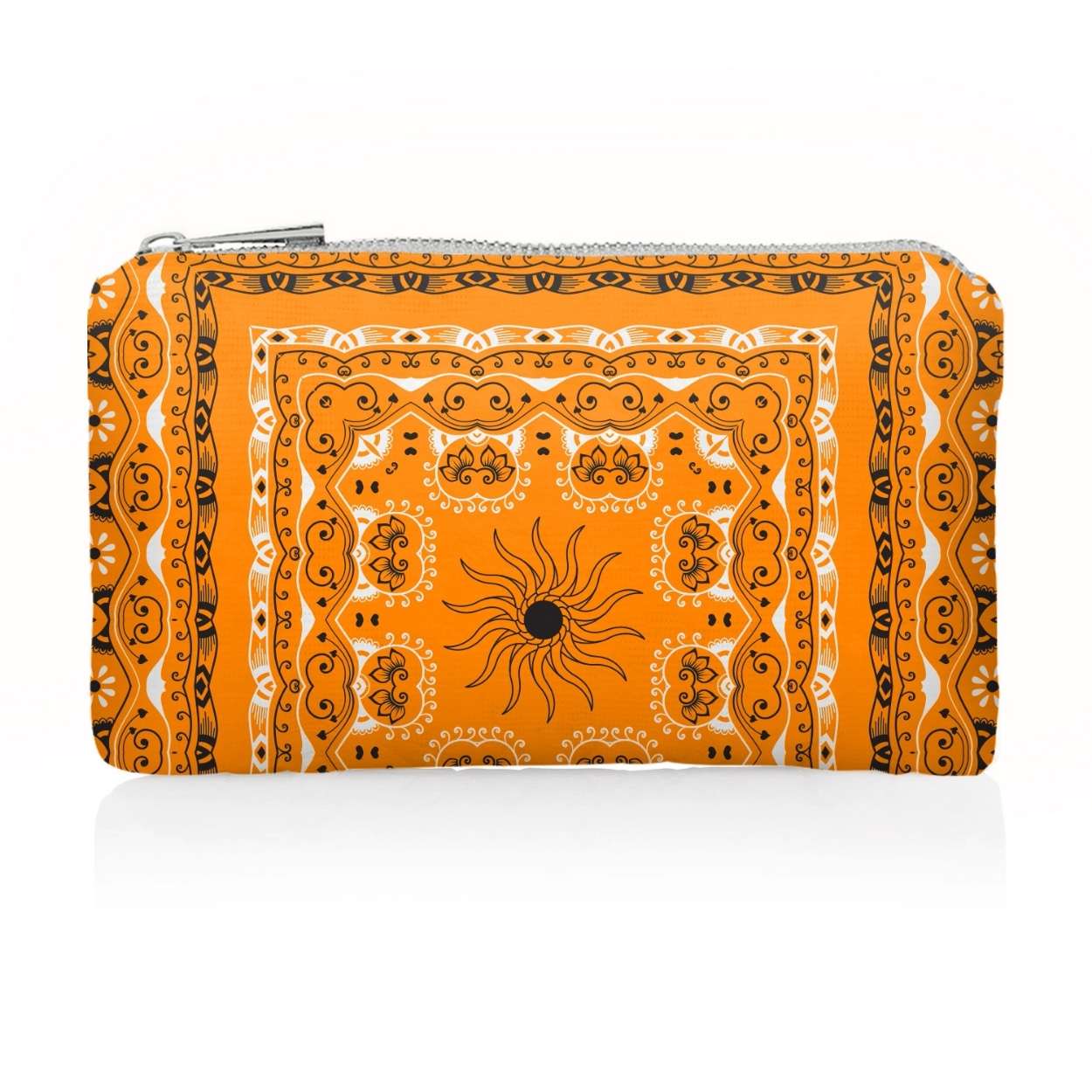 Mini zipper pouch in orange bandana print on a white background