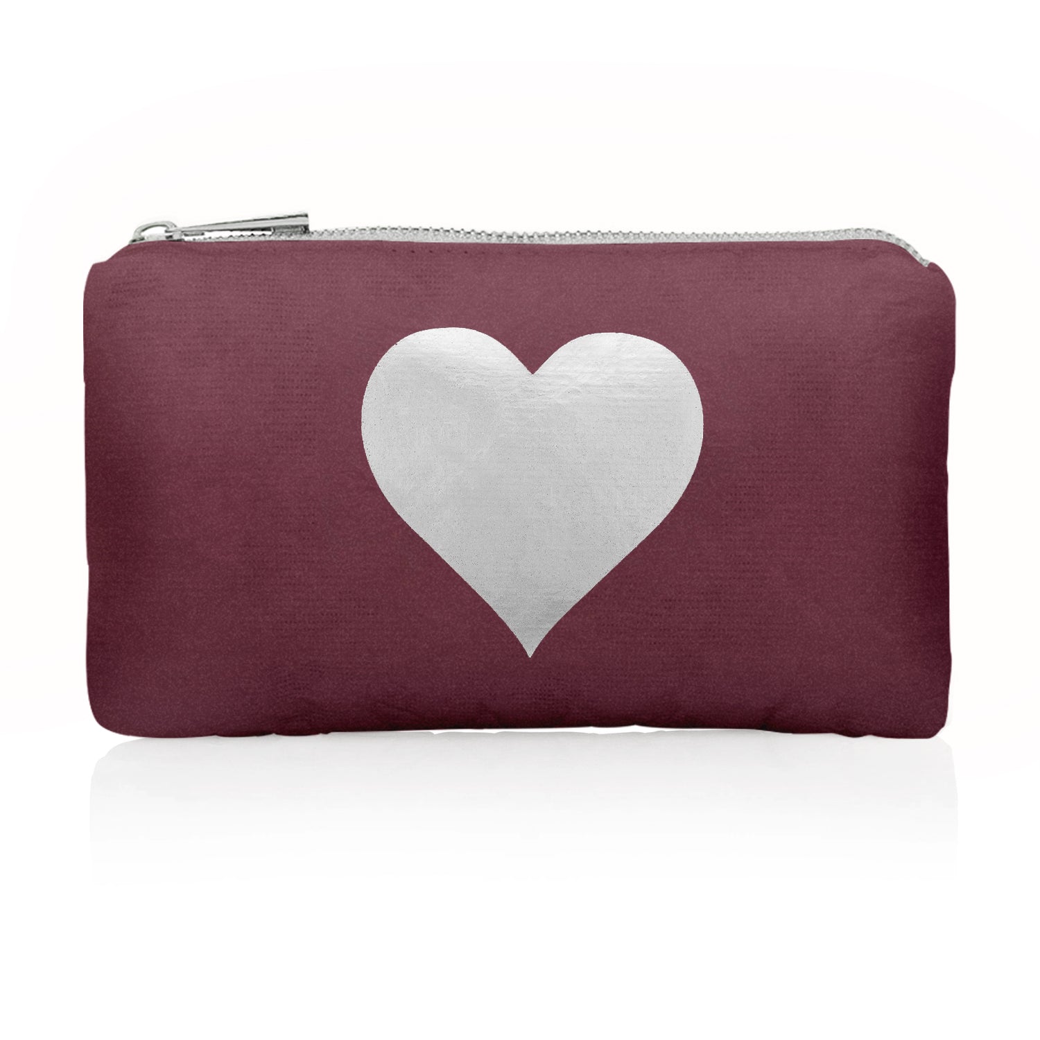 Mini zipper pack in shimmer cabernet with a silver heart