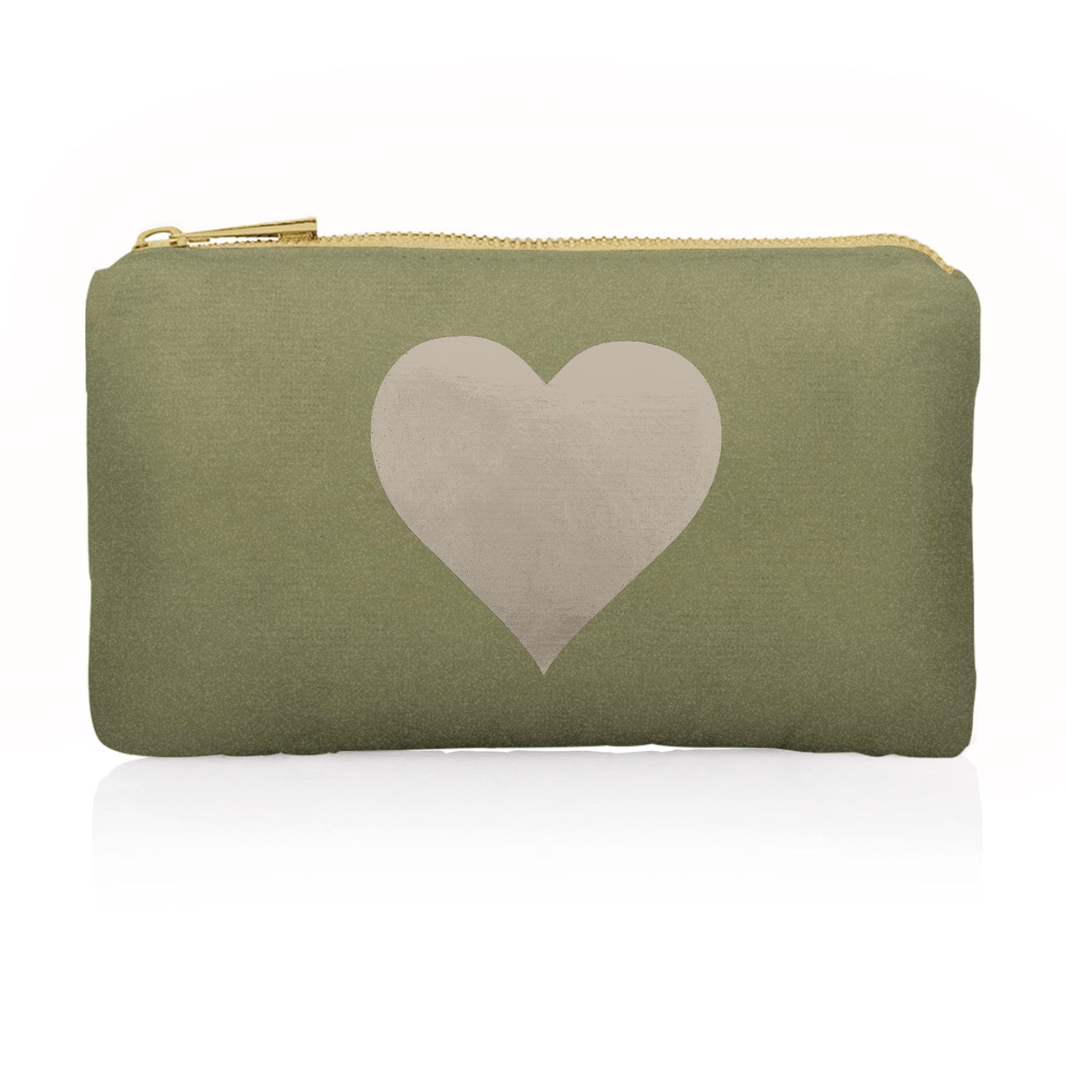 Mini zipper pouch shimmer olive green with gold zipper and golden beige heart