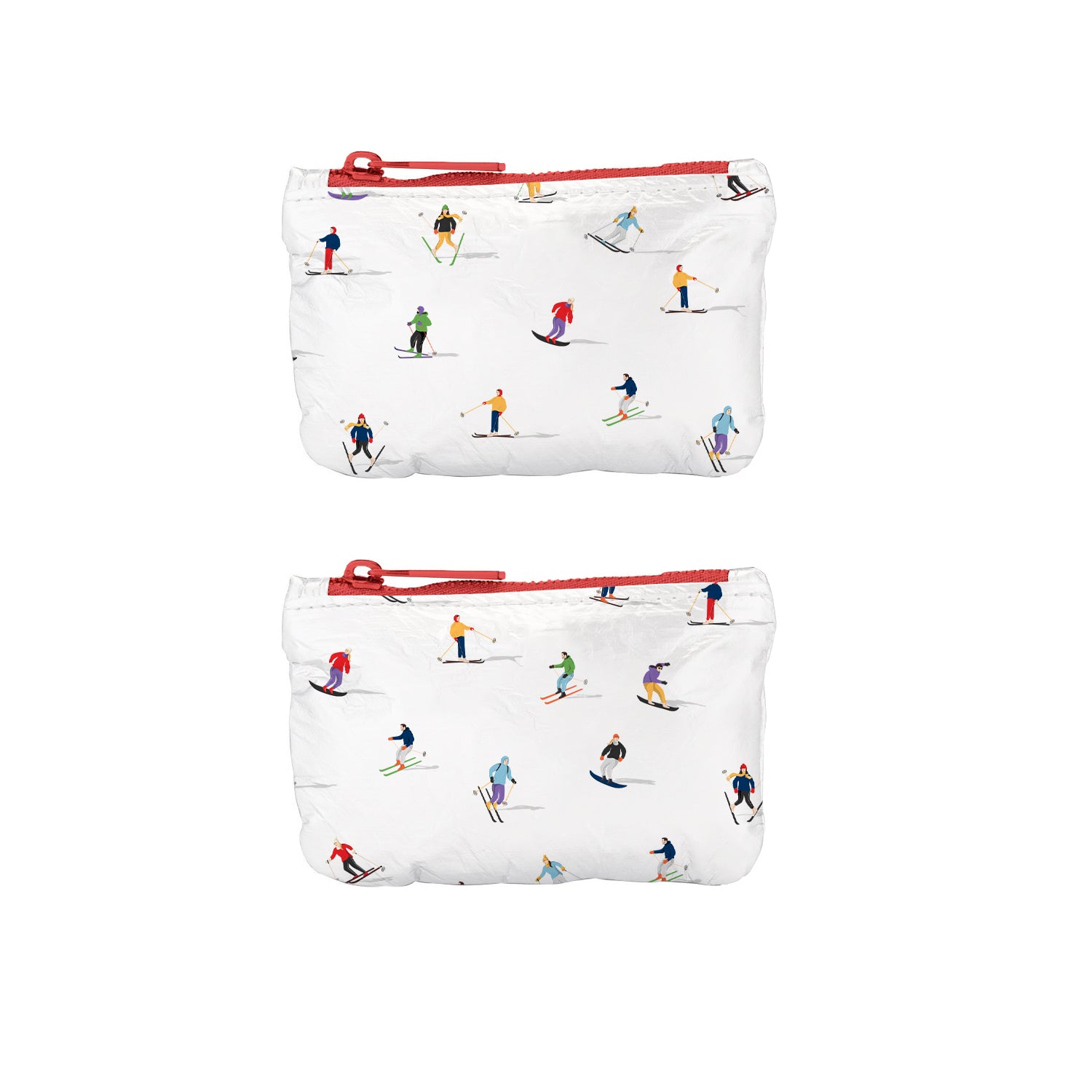Set of two gift card holder packs in dancing skiers with a red zipper