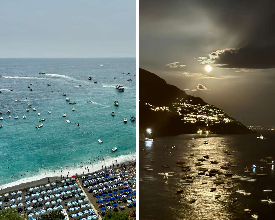 Views of Positano - the beach during the day and the cliffs in the evening