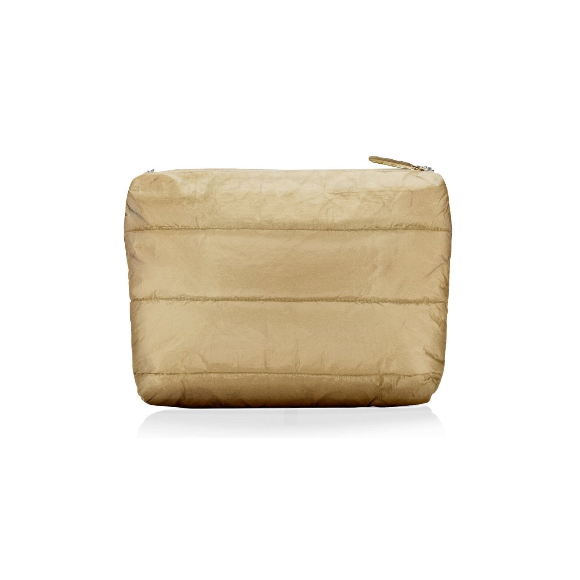 A gold-colored clutch bag with a smooth texture, featuring a foldover closure with a magnetic fastening and an exterior zipper pocket.