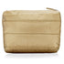 A gold-colored clutch bag with a smooth texture, featuring a foldover closure with a magnetic fastening and an exterior zipper pocket.