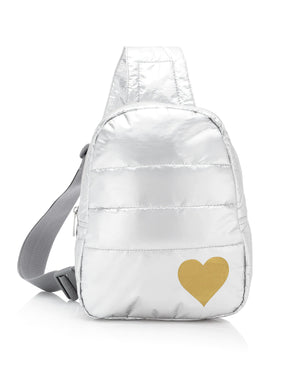 Puffer Crossbody Backpack in Silver with Gold Heart