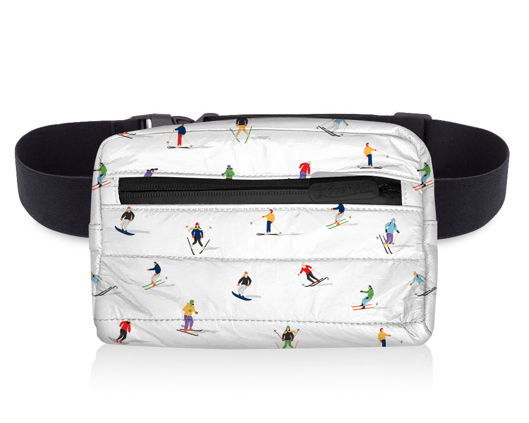 Puffer crossbody fanny pack belt bag in dancing skiers on white background