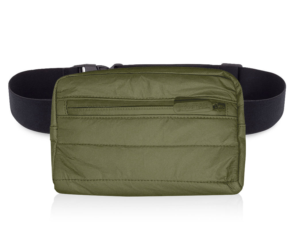Puffer Crossbody Fanny Pack Belt Bag in Shimmer Olive Green on White Background