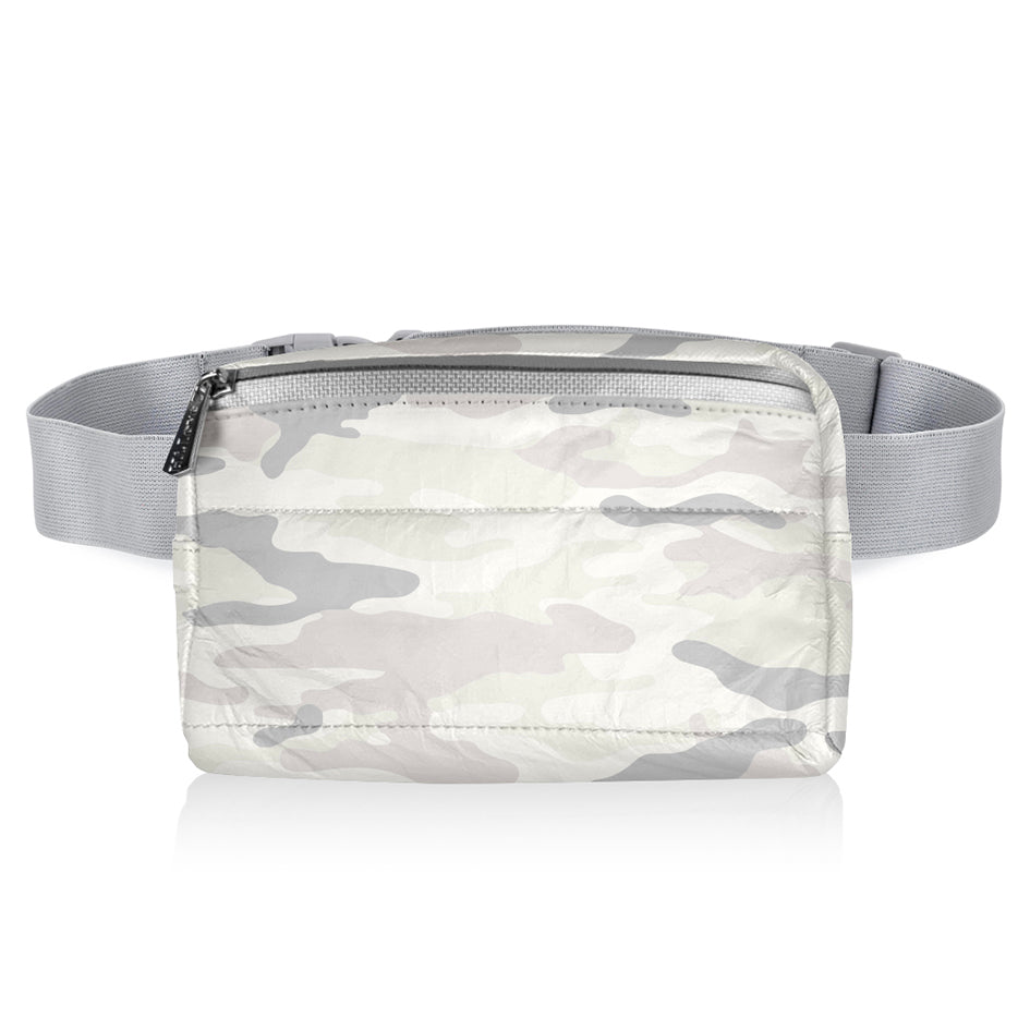 Puffer crossbody fanny pack belt bag in shimmer white and gray camouflage pattern on white background