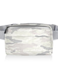 Puffer crossbody fanny pack belt bag in shimmer white and gray camouflage pattern on white background